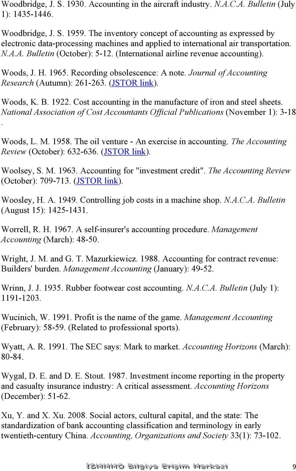 (International airline revenue accounting). Woods, J. H. 1965. Recording obsolescence: A note. Journal of Accounting Research (Autumn): 261-263. (JSTOR link). Woods, K. B. 1922.