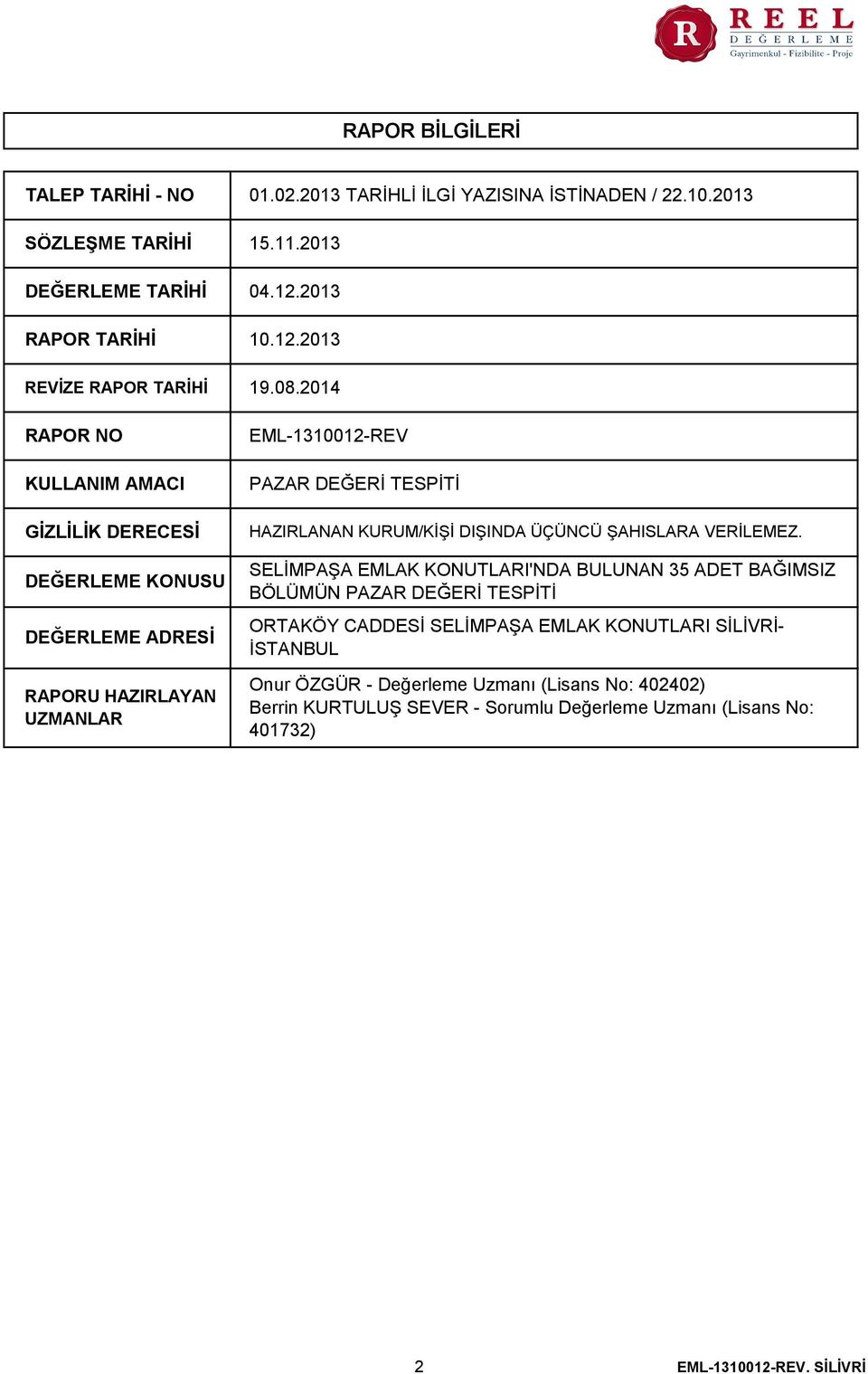 12.2013 19.08.2014 EML-1310012-REV PAZAR DEĞERİ TESPİTİ HAZIRLANAN KURUM/KİŞİ DIŞINDA ÜÇÜNCÜ ŞAHISLARA VERİLEMEZ.