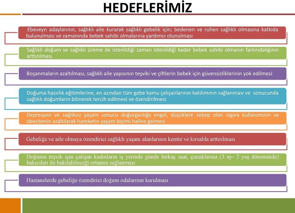 güvensizliklerinin yok edilmesi Doğuma hazırlık eğitimlerine, en azından tüm gebe kamu çalışanlarının katılımının sağlanması ve sonucunda sağlıklı doğumların bilinerek tercih edilmesi ve