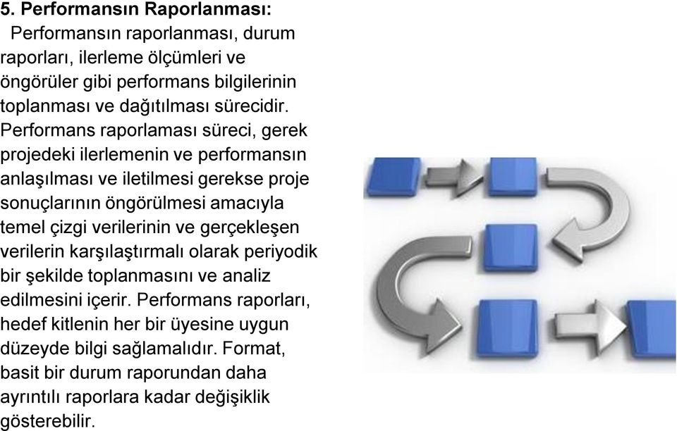 Performans raporlaması süreci, gerek projedeki ilerlemenin ve performansın anlaşılması ve iletilmesi gerekse proje sonuçlarının öngörülmesi amacıyla temel