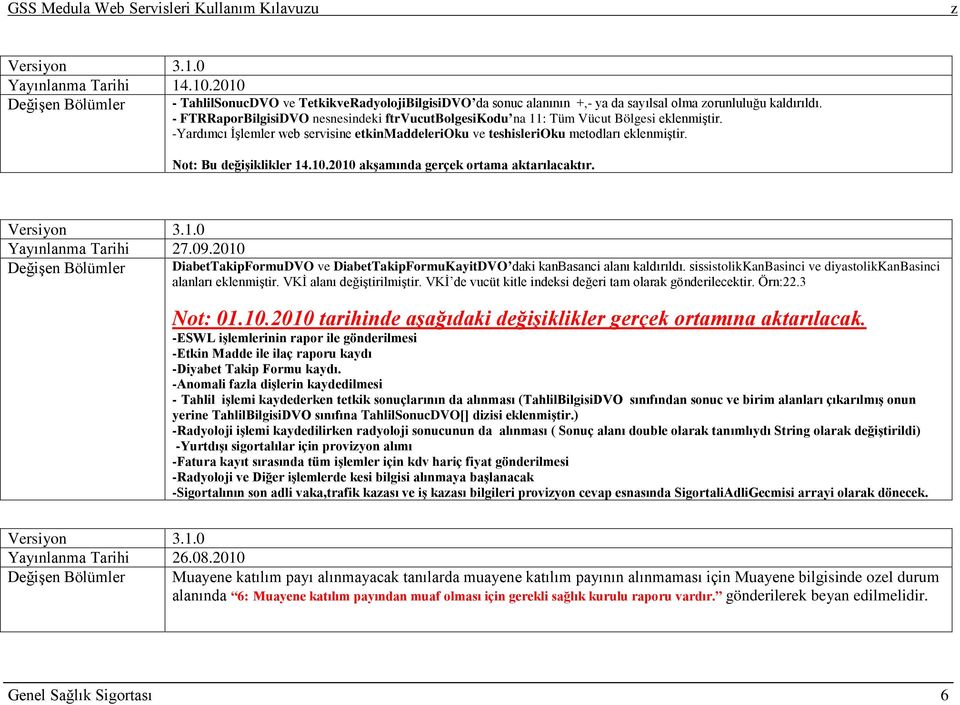 Not: Bu değişiklikler 14.10.2010 akşamında gerçek ortama aktarılacaktır. Versiyon 3.1.0 Yayınlanma Tarihi 27.09.