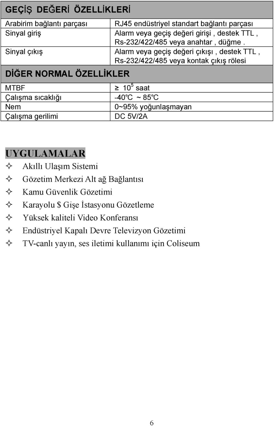 Sinyal çıkış Alarm veya geçiş değeri çıkışı, destek TTL, Rs-232/422/485 veya kontak çıkış rölesi DİĞER NORMAL ÖZELLİKLER MTBF 10 5 saat Çalışma sıcaklığı -40 ~ 85