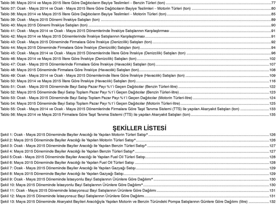 ..80 Tablo 38: Mayıs 2014 ve Mayıs 2015 İllere Göre Dağıtıcıların Bayiye Teslimleri Motorin Türleri (ton)...85 Tablo 39: Ocak - Mayıs 2015 Dönemi İhrakiye Satışları (ton).