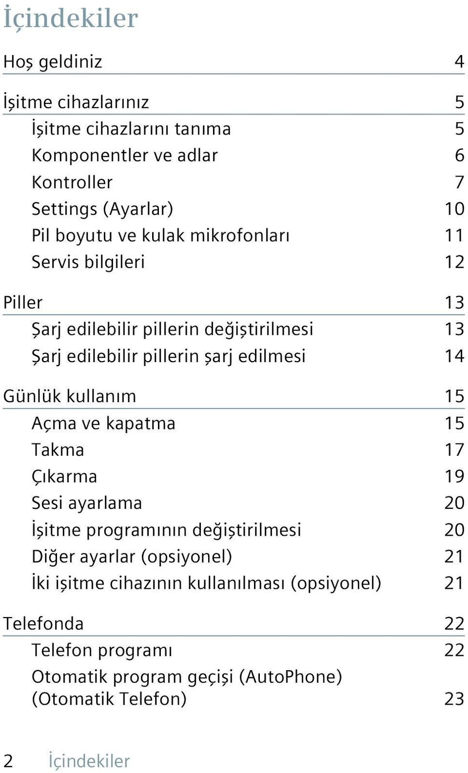 14 Günlük kullanım 15 Açma ve kapatma 15 Takma 17 Çıkarma 19 Sesi ayarlama 20 İşitme programının değiştirilmesi 20 Diğer ayarlar (opsiyonel) 21