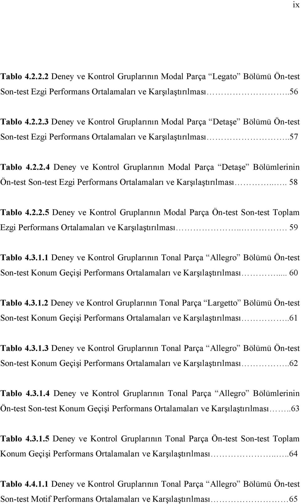 .. 59 Tablo 4.3.1.1 Deney ve Kontrol Gruplarının Tonal Parça Allegro Bölümü Ön-test Son-test Konum Geçişi Performans Ortalamaları ve Karşılaştırılması... 60 Tablo 4.3.1.2 Deney ve Kontrol Gruplarının Tonal Parça Largetto Bölümü Ön-test Son-test Konum Geçişi Performans Ortalamaları ve Karşılaştırılması.