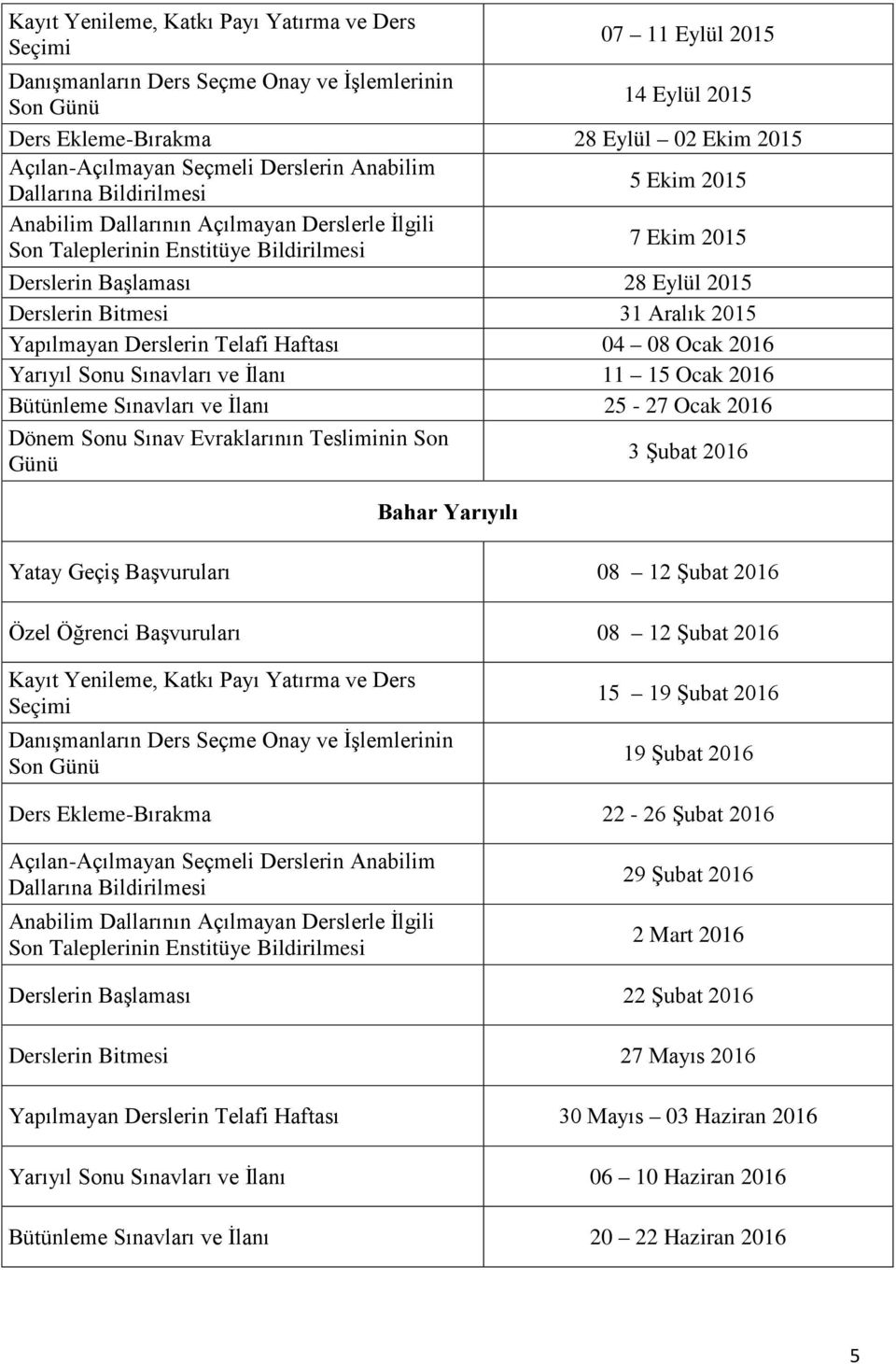 Yapılmayan Derslerin Telafi Haftası 04 08 Ocak 2016 Yarıyıl Sonu Sınavları ve İlanı 11 15 Ocak 2016 Bütünleme Sınavları ve İlanı 25-27 Ocak 2016 Dönem Sonu Sınav Evraklarının Tesliminin Son Günü 3