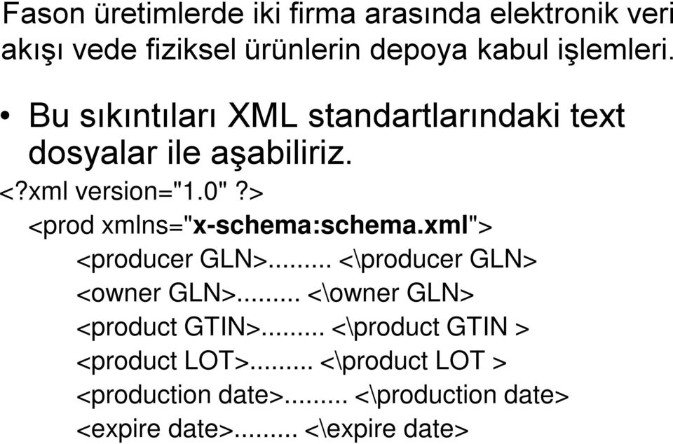 > <prod xmlns="x-schema:schema.xml"> <producer GLN>... <\producer GLN> <owner GLN>.