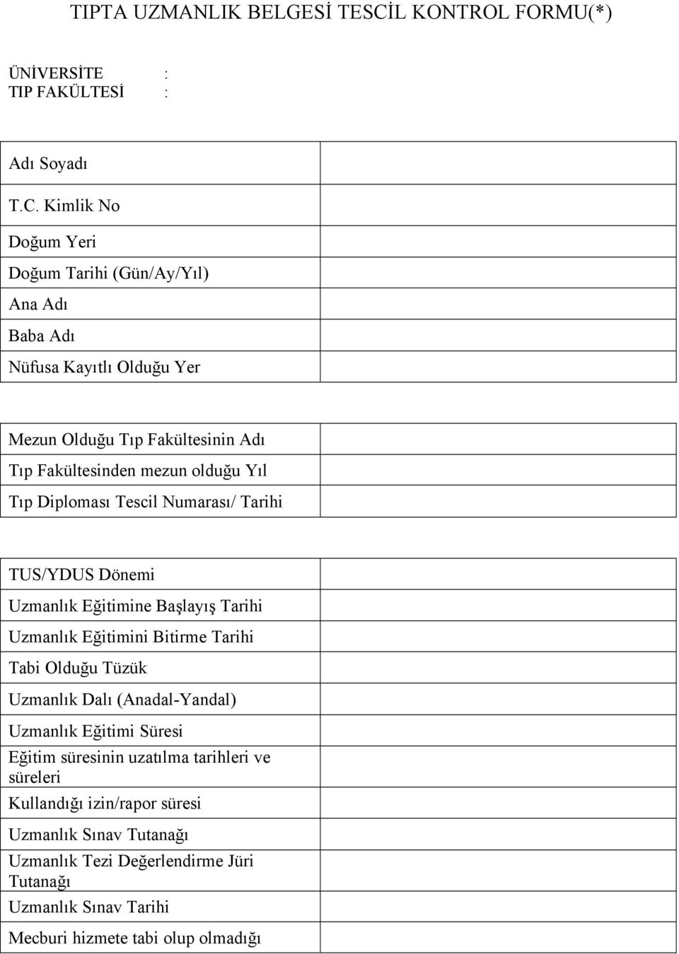 Kimlik No Doğum Yeri Doğum Tarihi (Gün/Ay/Yıl) Ana Adı Baba Adı Nüfusa Kayıtlı Olduğu Yer Mezun Olduğu Tıp Fakültesinin Adı Tıp Fakültesinden mezun olduğu Yıl