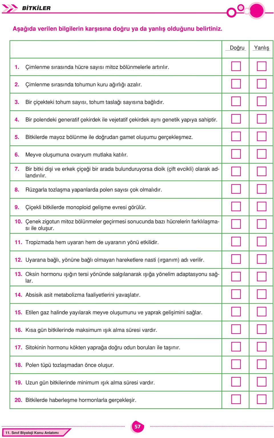 Bir polendeki generatif çekirdek ile vejetatif çekirdek aynı genetik yapıya sahiptir. 5. Bitkilerde mayoz bölünme ile doğrudan gamet oluşumu gerçekleşmez. 6. 7. 8.