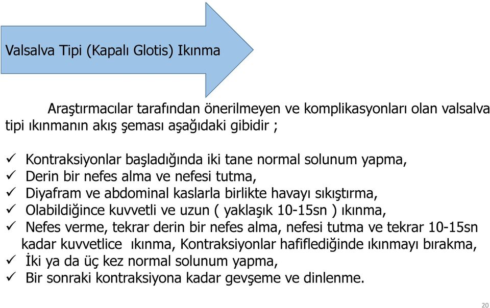 sıkıştırma, Olabildiğince kuvvetli ve uzun ( yaklaşık 10-15sn ) ıkınma, Nefes verme, tekrar derin bir nefes alma, nefesi tutma ve tekrar 10-15sn kadar