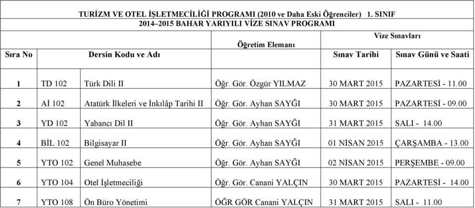 Gör. Ayhan SAYĞI 31 MART 2015 SALI - 14.00 4 BİL 102 Bilgisayar II Öğr. Gör. Ayhan SAYĞI 01 NİSAN 2015 ÇARŞAMBA - 13.00 5 YTO 102 Genel Muhasebe Öğr. Gör. Ayhan SAYĞI 02 NİSAN 2015 PERŞEMBE - 09.