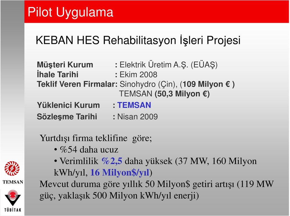 Kurum : Sözleşme Tarihi : Nisan 2009 Yurtdışı firma teklifine göre; %54 daha ucuz Verimlilik %2,5 daha yüksek (37