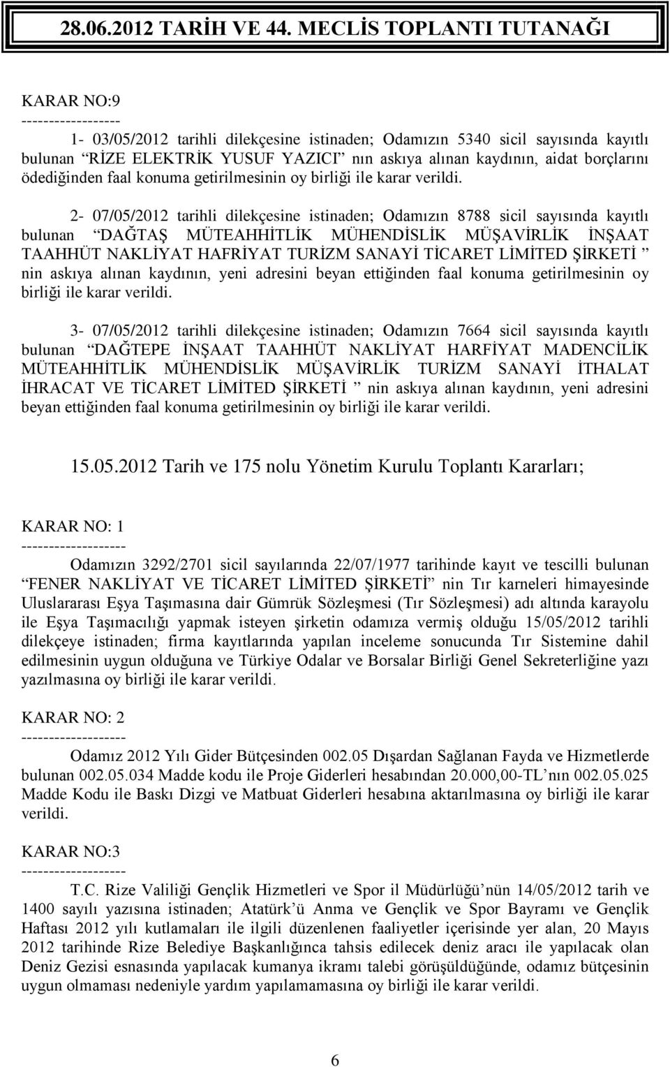 2-07/05/2012 tarihli dilekçesine istinaden; Odamızın 8788 sicil sayısında kayıtlı bulunan DAĞTAŞ MÜTEAHHİTLİK MÜHENDİSLİK MÜŞAVİRLİK İNŞAAT TAAHHÜT NAKLİYAT HAFRİYAT TURİZM SANAYİ TİCARET LİMİTED