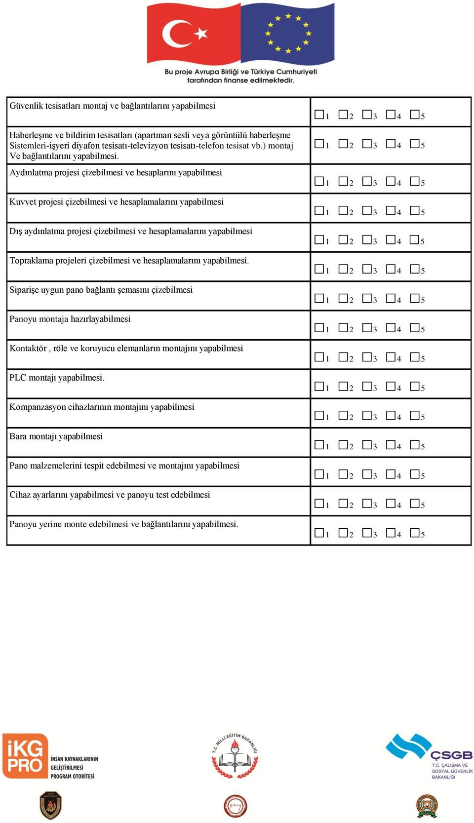 Aydınlatma projesi çizebilmesi ve hesaplarını yapabilmesi Kuvvet projesi çizebilmesi ve hesaplamalarını yapabilmesi Dış aydınlatma projesi çizebilmesi ve hesaplamalarını yapabilmesi Topraklama