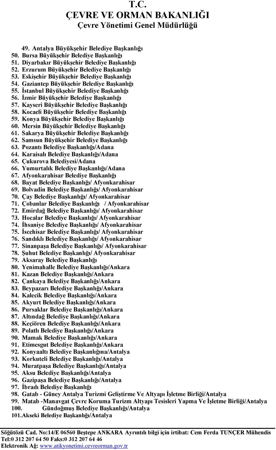 Kayseri Büyükşehir Belediye Başkanlığı 58. Kocaeli Büyükşehir Belediye Başkanlığı 59. Konya Büyükşehir Belediye Başkanlığı 60. Mersin Büyükşehir Belediye Başkanlığı 61.