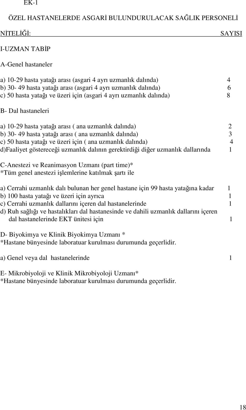 yatağı arası ( ana uzmanlık dalında) 3 c) 50 hasta yatağı ve üzeri için ( ana uzmanlık dalında) 4 d)faaliyet göstereceği uzmanlık dalının gerektirdiği diğer uzmanlık dallarında 1 C-Anestezi ve