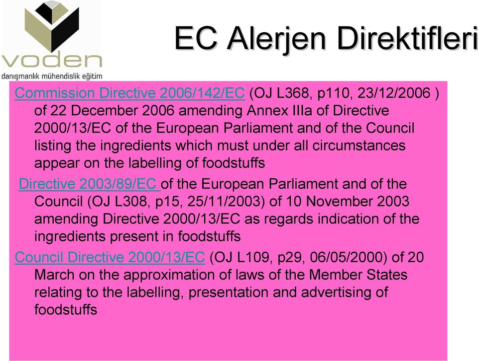 Parliament and of the Council (OJ L308, p15, 25/11/2003) of 10 November 2003 amending Directive 2000/13/EC as regards indication of the ingredients present in foodstuffs