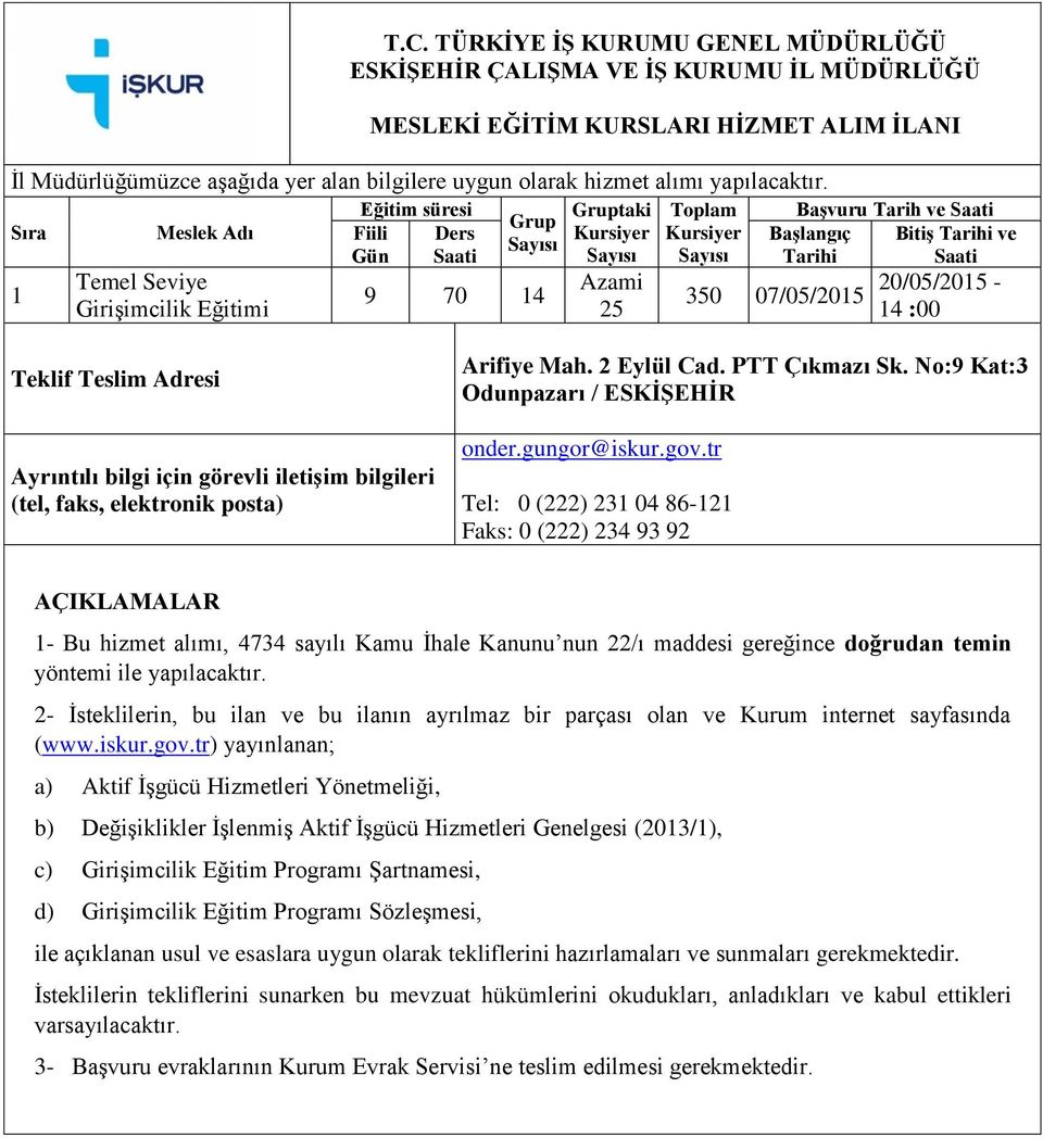 Sıra 1 Meslek Adı Temel Seviye Girişimcilik Eğitimi Eğitim süresi Fiili Ders Gün Saati Grup Sayısı 9 70 14 Gruptaki Kursiyer Sayısı Azami 25 Toplam Kursiyer Sayısı Başvuru Tarih ve Saati Bitiş Tarihi