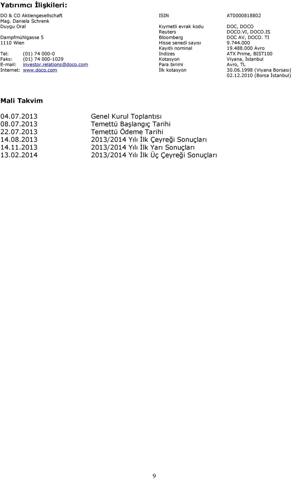 relations@doco.com Para birimi Avro, TL Internet: www.doco.com İlk kotasyon 30.06.1998 (Viyana Borsası) 02.12.2010 (Borsa İstanbul) Mali Takvim 04.07.2013 Genel Kurul Toplantısı 08.07.2013 Temettü Başlangıç Tarihi 22.