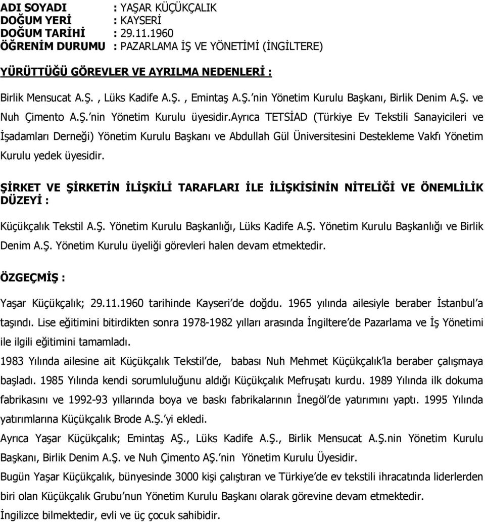 ayrıca TETSĐAD (Türkiye Ev Tekstili Sanayicileri ve Đşadamları Derneği) Yönetim Kurulu Başkanı ve Abdullah Gül Üniversitesini Destekleme Vakfı Yönetim Kurulu yedek üyesidir. Küçükçalık Tekstil A.Ş.