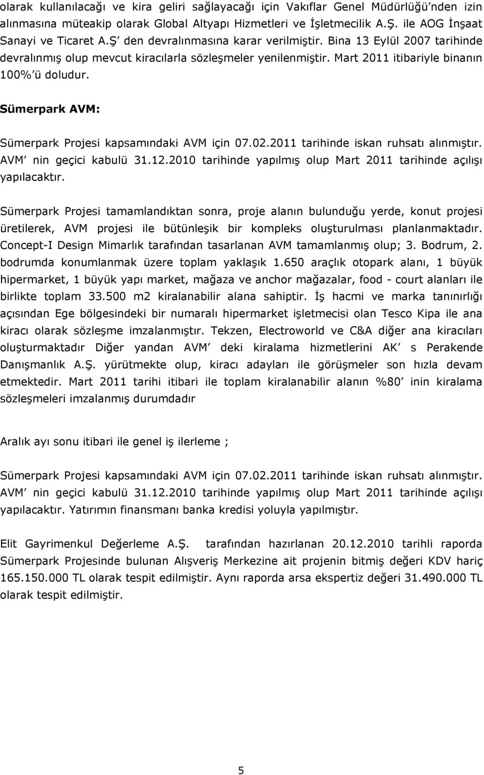 Sümerpark AVM: Sümerpark Projesi kapsamındaki AVM için 07.02.2011 tarihinde iskan ruhsatı alınmıştır. AVM nin geçici kabulü 31.12.2010 tarihinde yapılmış olup Mart 2011 tarihinde açılışı yapılacaktır.