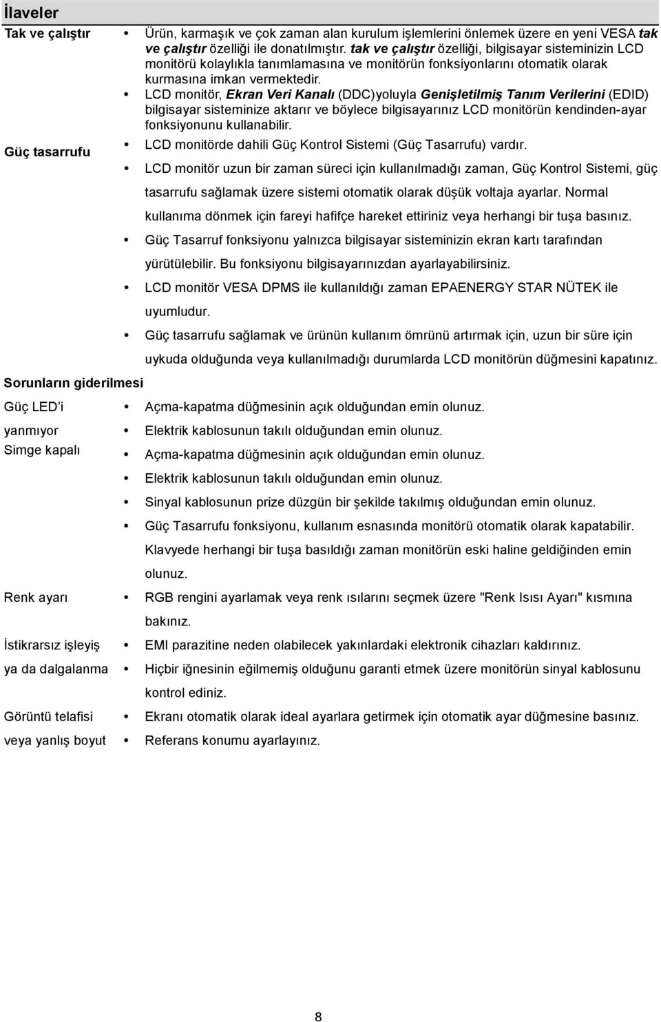 LCD monitör, Ekran Veri Kanalı (DDC)yoluyla Genişletilmiş Tanım Verilerini (EDID) bilgisayar sisteminize aktarır ve böylece bilgisayarınız LCD monitörün kendinden-ayar fonksiyonunu kullanabilir.