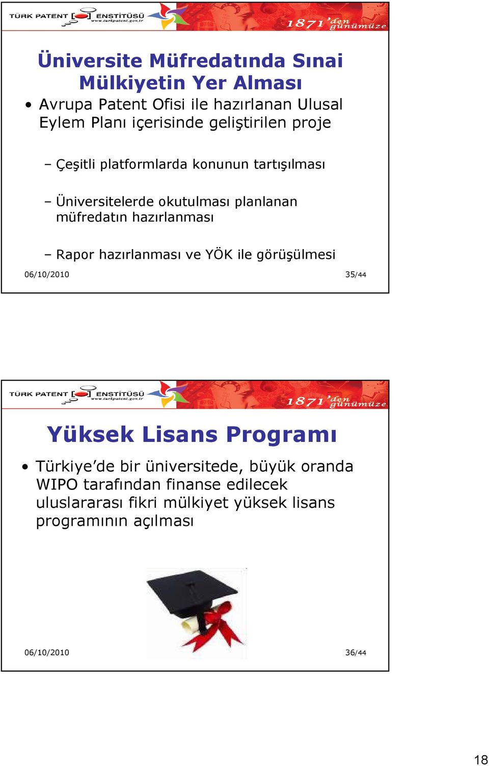 hazırlanması Rapor hazırlanması ve YÖK ile görüşülmesi 06/10/2010 35/44 Yüksek Lisans Programı Türkiye de bir