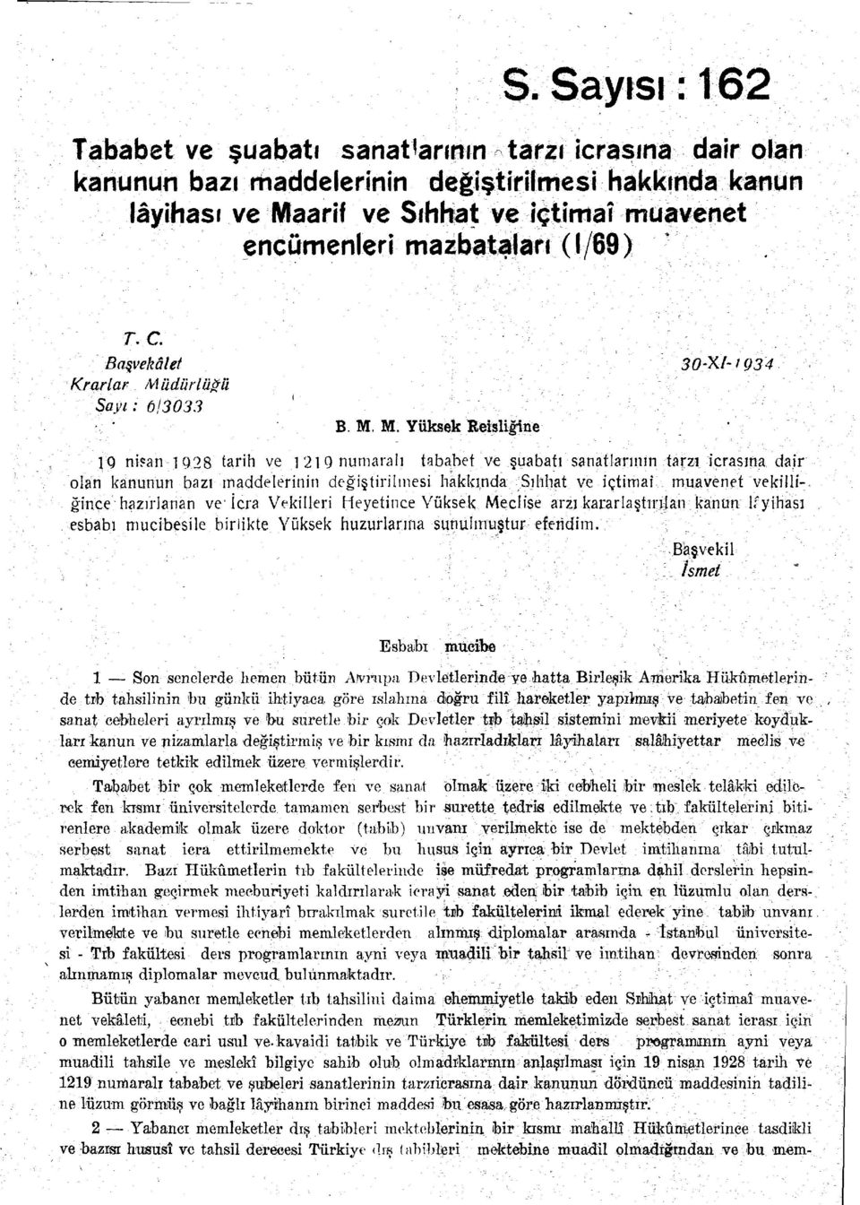 28 tarih ve ] 219 numaralı tababet ve şuabatı sanatlarının tarzı icrasına dair olan kanunun bazı maddelerinin değiştirilmesi hakkmda Sıhhat ve içtimaî muavenet vekilliğince hazırlanan ve İcra