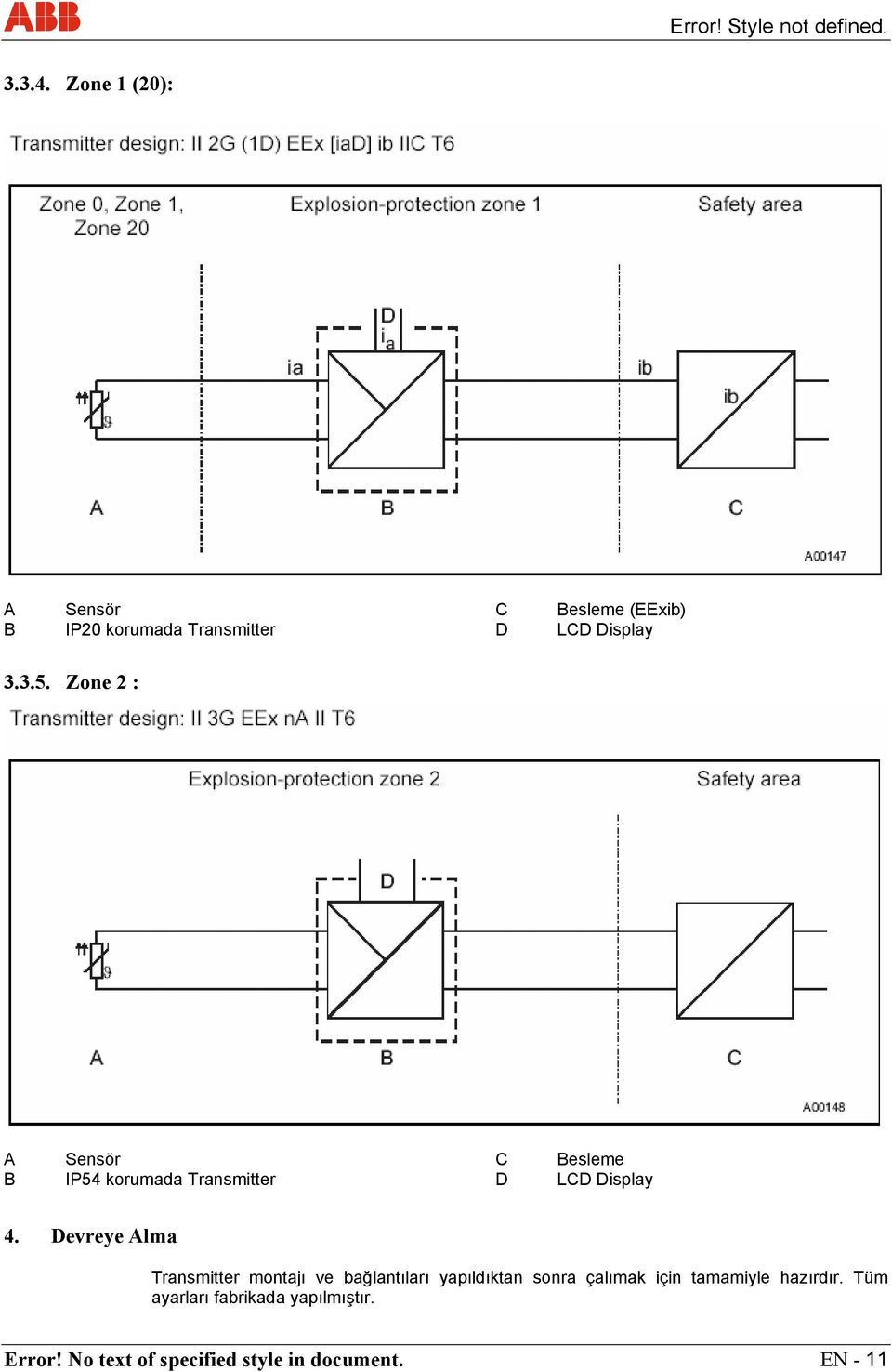 Zone 2 : A Sensör C Besleme B IP54 korumada Transmitter D LCD Display 4.