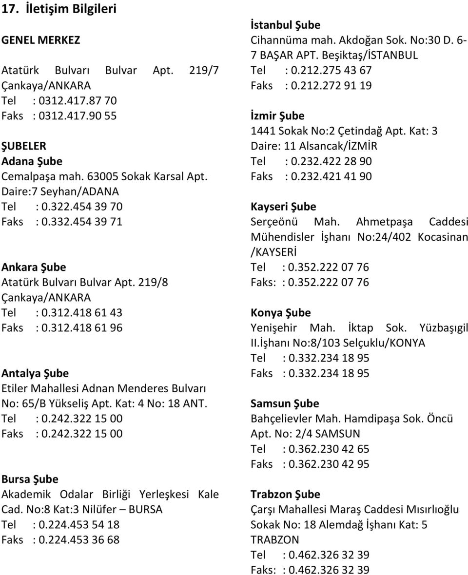 418 61 43 Faks : 0.312.418 61 96 Antalya Şube Etiler Mahallesi Adnan Menderes Bulvarı No: 65/B Yükseliş Apt. Kat: 4 No: 18 ANT. Tel : 0.242.