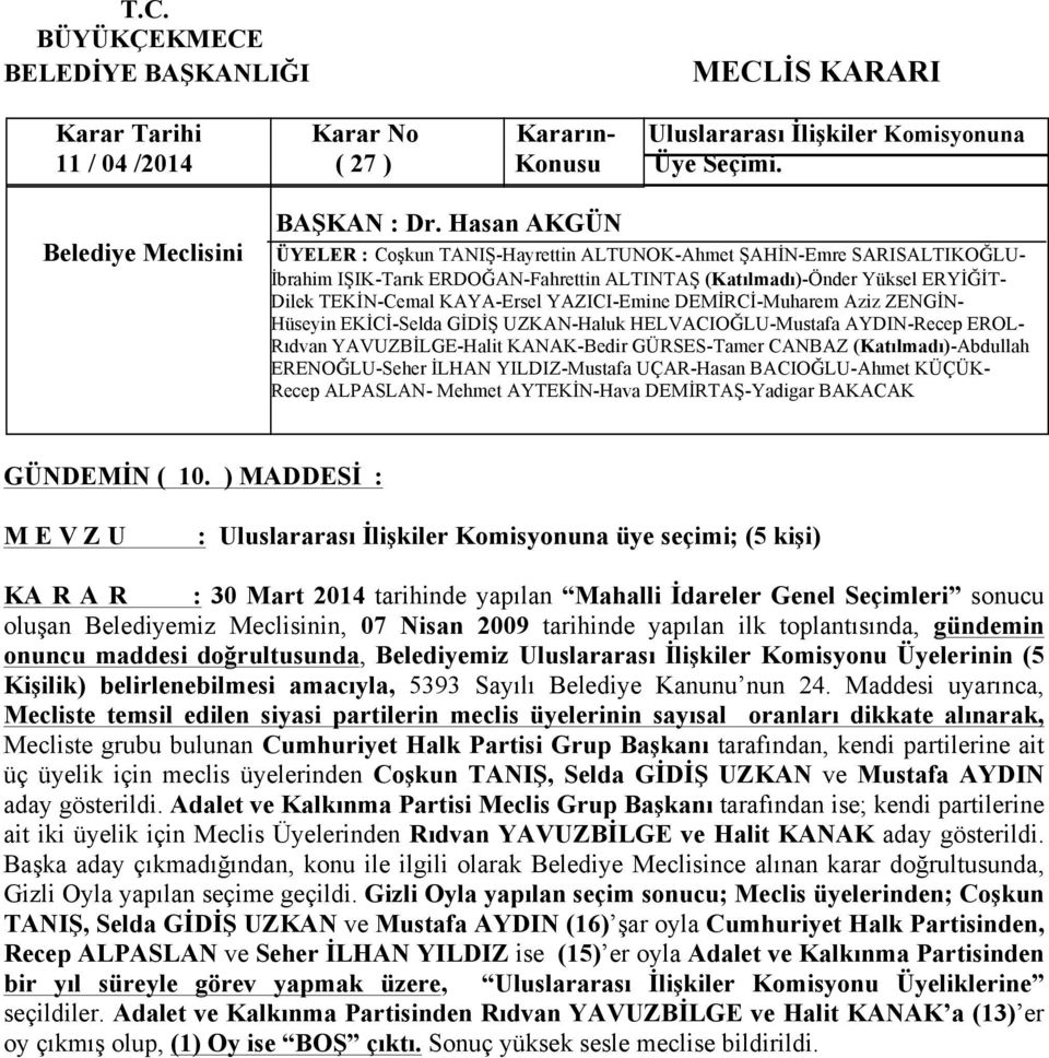 Belediyemiz Uluslararası İlişkiler Komisyonu Üyelerinin (5 Kişilik) belirlenebilmesi amacıyla, 5393 Sayılı Belediye Kanunu nun 24.