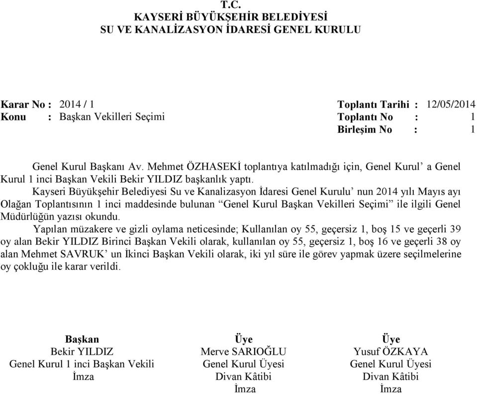 Yapılan müzakere ve gizli oylama neticesinde; Kullanılan oy 55, geçersiz 1, boş 15 ve geçerli 39 oy alan Bekir YILDIZ Birinci Başkan Vekili