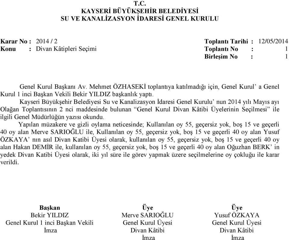 Yapılan müzakere ve gizli oylama neticesinde; Kullanılan oy 55, geçersiz yok, boş 15 ve geçerli 40 oy alan Merve SARIOĞLU ile, Kullanılan oy 55, geçersiz yok, boş 15 ve geçerli 40 oy alan