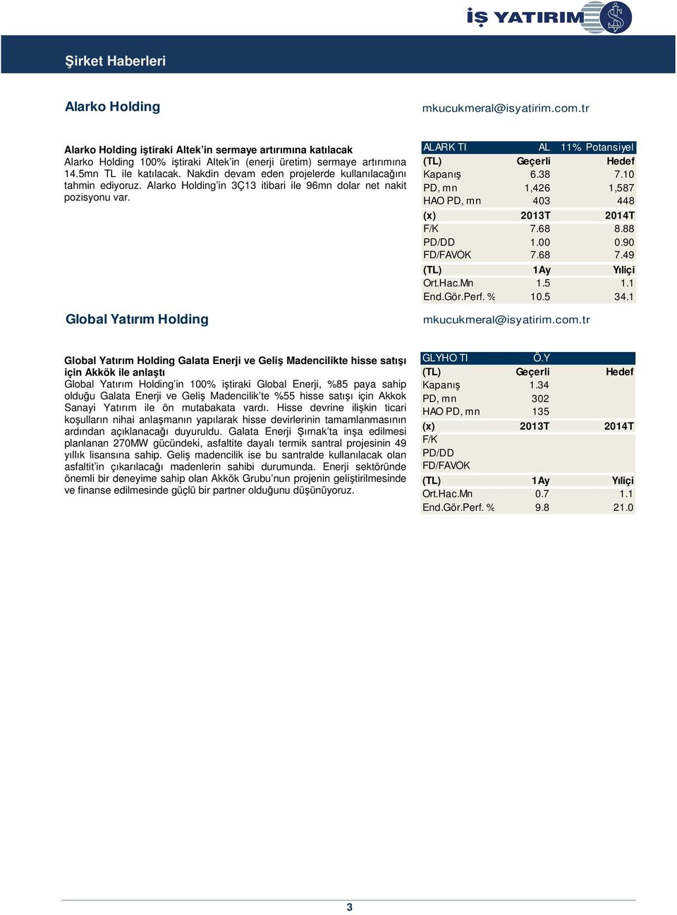 Global Yatırım Holding ALARK TI AL 11% Potansiyel (TL) Geçerli Hedef Kapanış 6.38 7.10 PD, mn 1,426 1,587 HAO PD, mn 403 448 (x) 2013T 2014T F/K 7.68 8.88 PD/DD 1.00 0.90 FD/FAVÖK 7.68 7.