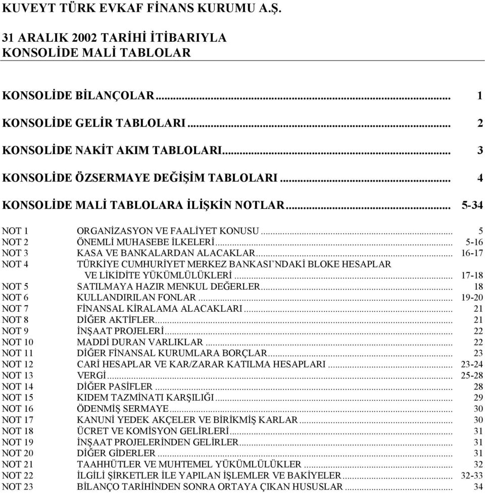 .. 16-17 NOT 4 TÜRKÝYE CUMHURÝYET MERKEZ BANKASI NDAKÝ BLOKE HESAPLAR VE LÝKÝDÝTE YÜKÜMLÜLÜKLERÝ... 17-18 NOT 5 SATILMAYA HAZIR MENKUL DEÐERLER... 18 NOT 6 KULLANDIRILAN FONLAR.