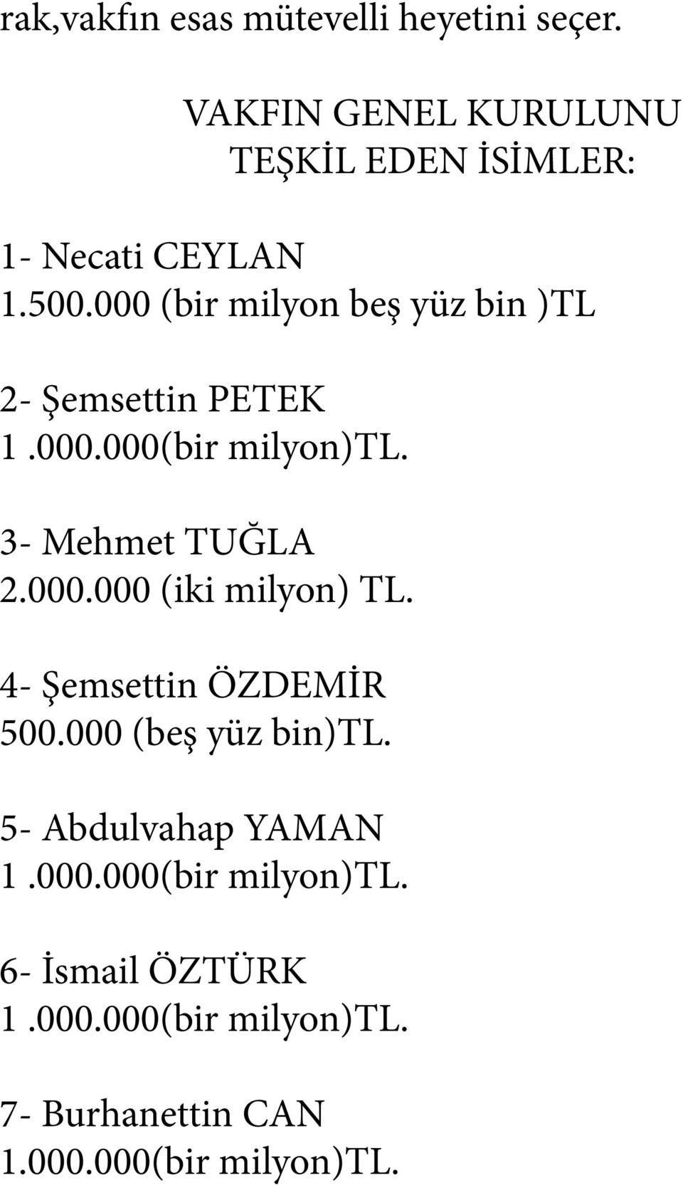 000 (bir milyon beş yüz bin )TL 2- Şemsettin PETEK 1.000.000(bir milyon)tl. 3- Mehmet TUĞLA 2.000.000 (iki milyon) TL.