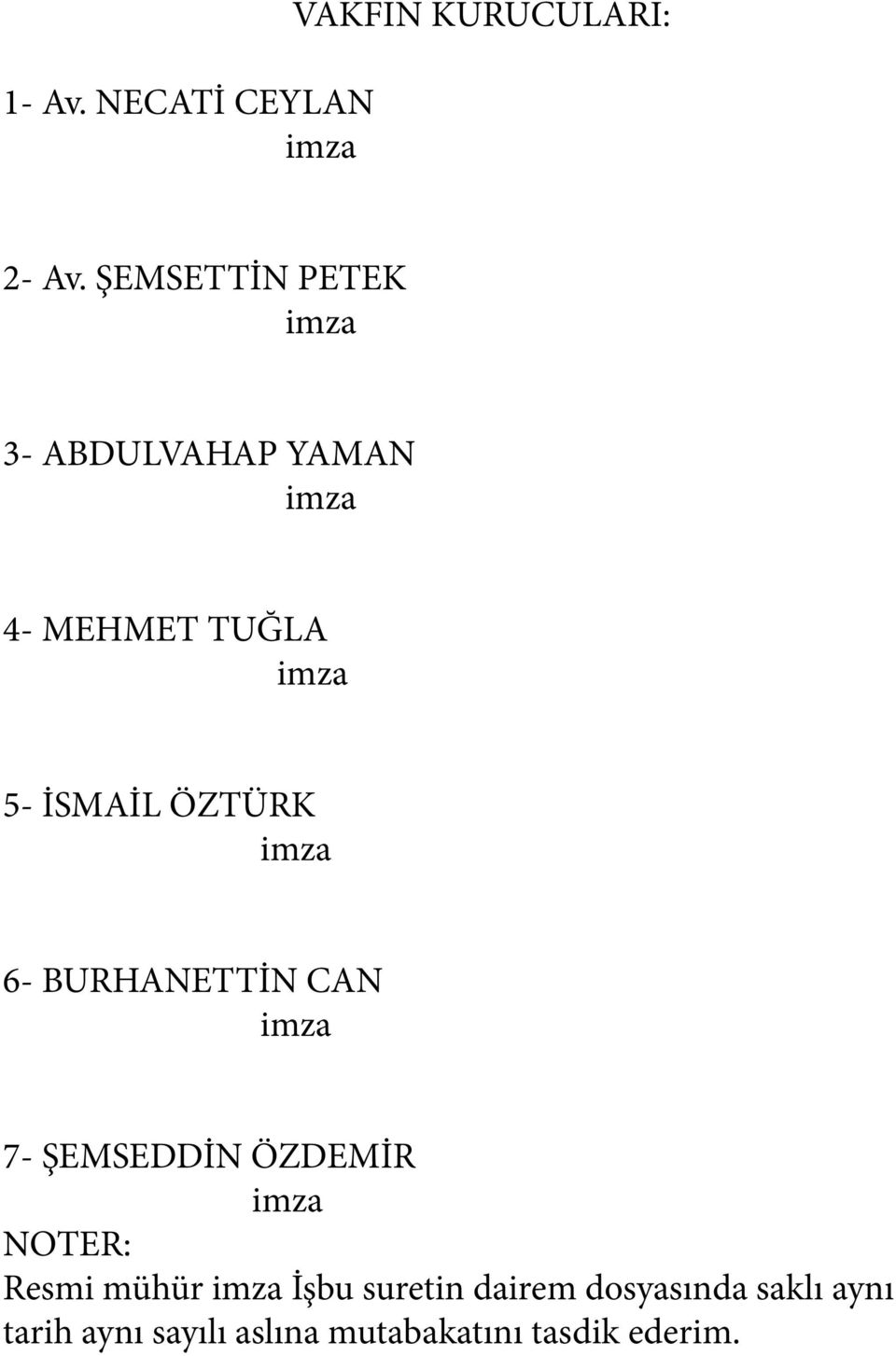 ÖZTÜRK imza 6- BURHANETTİN CAN imza 7- ŞEMSEDDİN ÖZDEMİR imza NOTER: Resmi