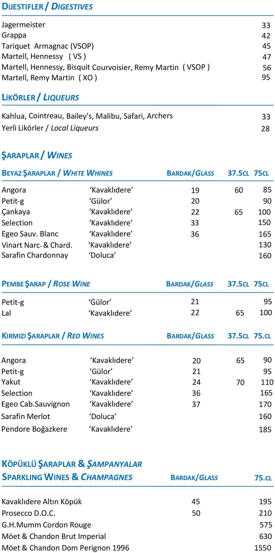 5CL 75CL Angora Kavaklıdere 19 60 85 Petit-g Gülor 20 90 Çankaya Kavaklıdere 22 65 100 Selection Kavaklıdere 33 150 Egeo Sauv. Blanc Kavaklıdere 36 0165 Vinart Narc. & Chard.