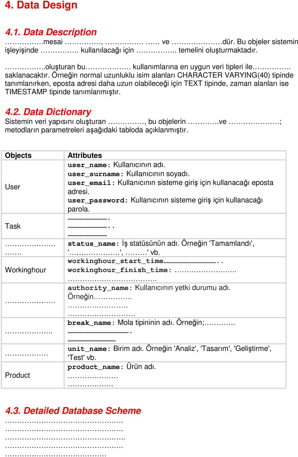 Örneğin normal uzunluklu isim alanları CHARACTER VARYING(40) tipinde tanımlanırken, eposta adresi daha uzun olabileceği için TEXT tipinde, zaman alanları ise TIMESTAMP tipinde tanımlanmıştır. 4.2.