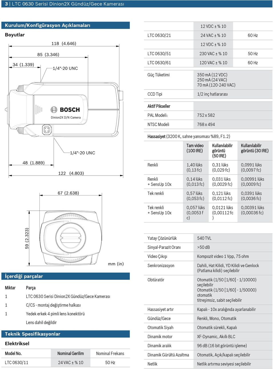 Dinion2X D/N Camera PAL Modeli: 752 x 582 NTSC Modeli 768 x 494 Hassasiyet (3200 K, sahne yansıması %89, F1.2) 48 (1.889) 122 1/4"-20 UNC (4.