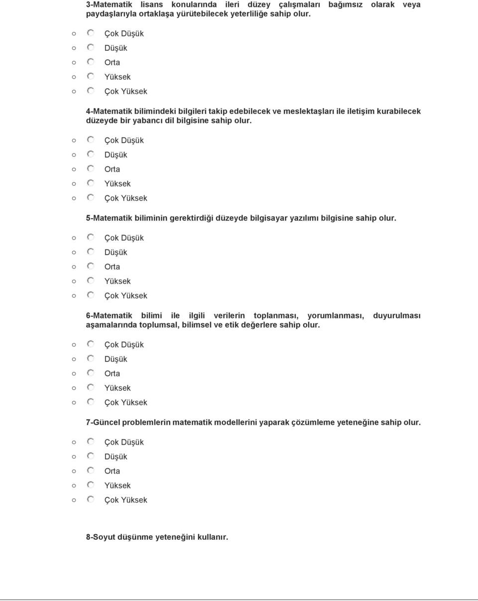 Çk Düşük Düşük Orta Yüksek Çk Yüksek 5-Matematik biliminin gerektirdiği düzeyde bilgisayar yazılımı bilgisine sahip lur.