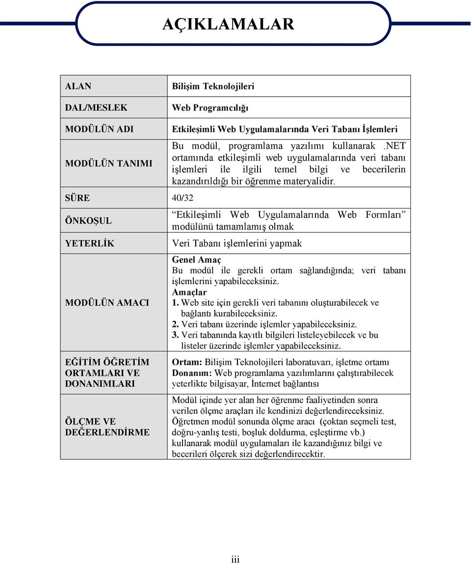 net ortamında etkileşimli web uygulamalarında veri tabanı işlemleri ile ilgili temel bilgi ve becerilerin kazandırıldığı bir öğrenme materyalidir.