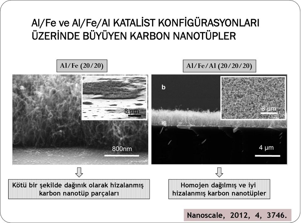 hizalanmış karbon nanotüp parçaları Al/Fe/Al (20/20/20) Homojen