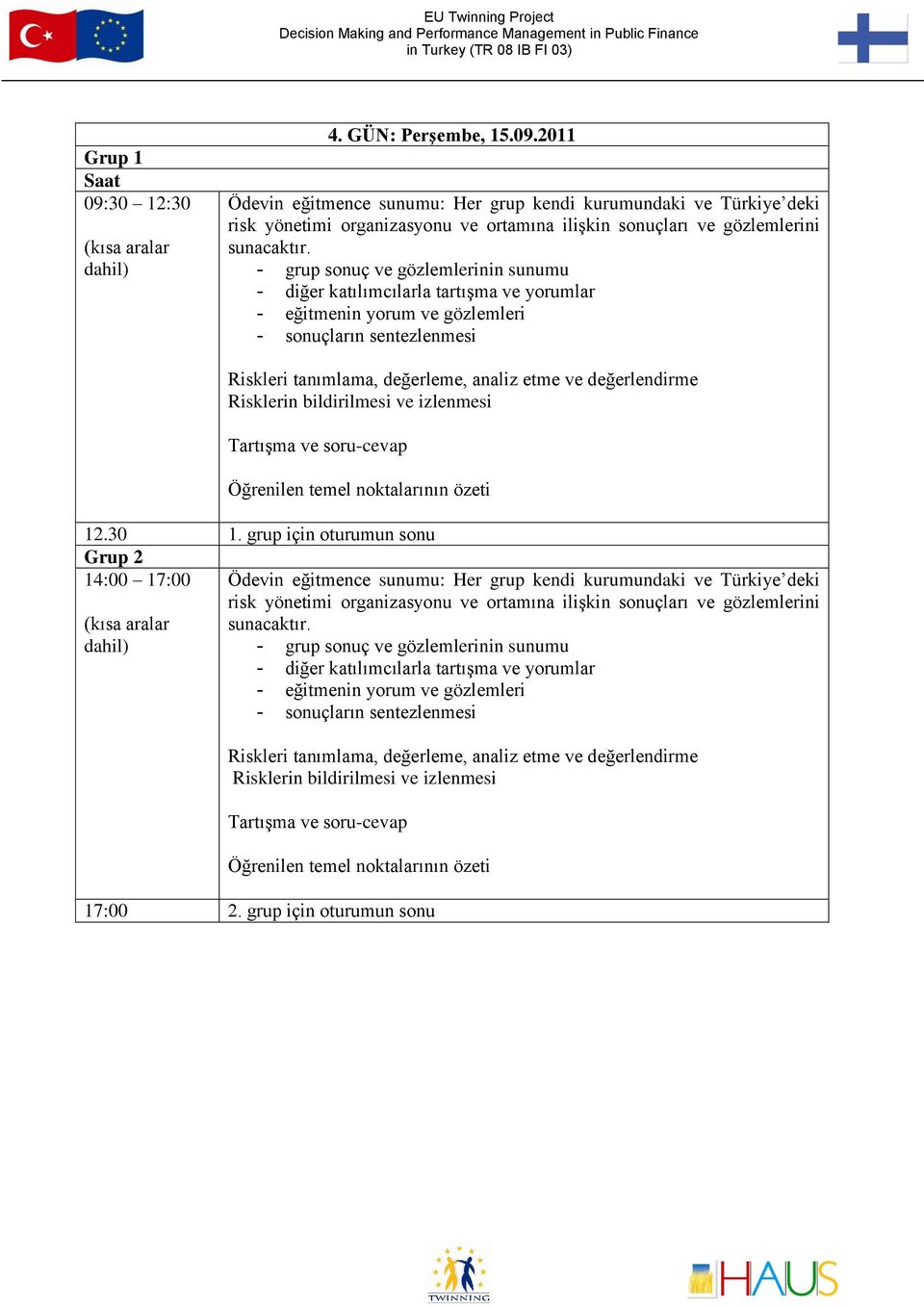 Risklerin bildirilmesi ve izlenmesi 14:00 17:00 Ödevin eğitmence sunumu: Her grup kendi kurumundaki ve Türkiye deki risk yönetimi organizasyonu ve ortamına ilişkin sonuçları ve gözlemlerini