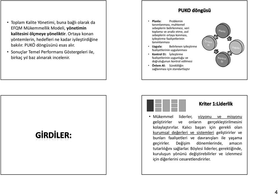 Planla: Problemin tanımlanması, muhtemel sebeplerin belirlenmesi, veri toplama ve analiz etme, asıl sebeplerin ortaya konması, iyileştirme faaliyetlerinin tanımlanması Uygula: Belirlenen iyileştirme