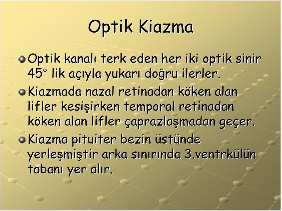 Kiazmada nazal retinadan köken k ken alan lifler kesişirken irken temporal