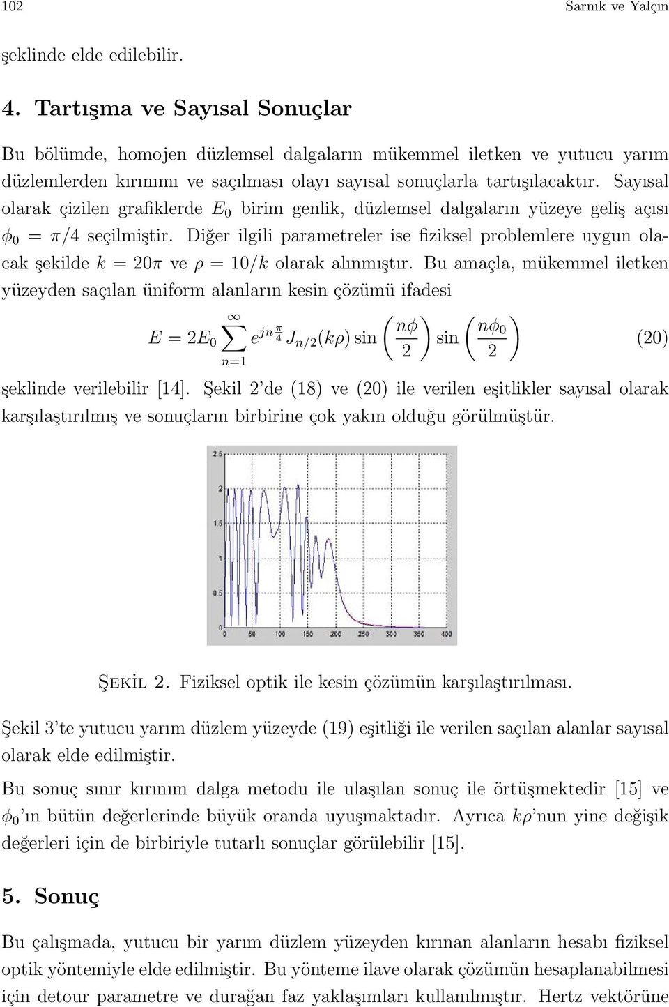 Sayısal olarak çizilen grafiklerde E 0 birim genlik, düzlemsel dalgaların yüzeye geliş açısı φ 0 = π/4 seçilmiştir.