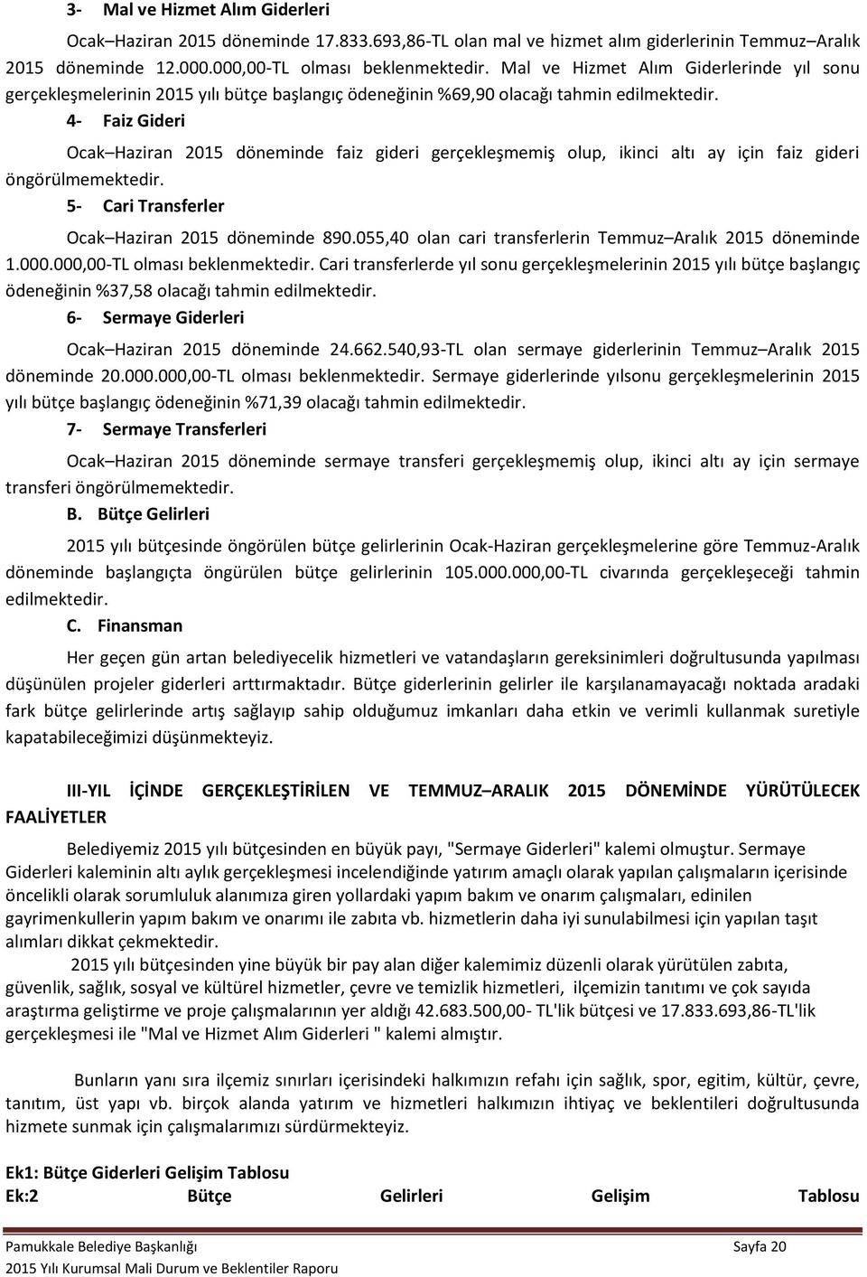 4- Faiz Gideri Ocak Haziran 2015 döneminde faiz gideri gerçekleşmemiş olup, ikinci altı ay için faiz gideri öngörülmemektedir. 5- Cari Transferler Ocak Haziran 2015 döneminde 890.