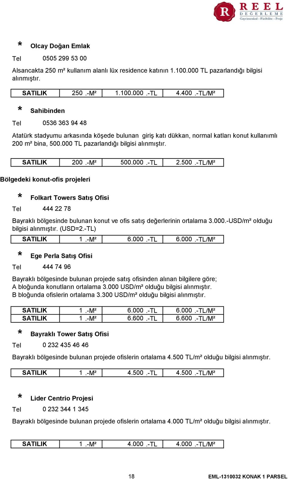 Tel Tel Tel SATILIK 200.-M² 500.000.-TL 2.500.-TL/M² Bölgedeki konut-ofis projeleri Folkart Towers Satış Ofisi 444 22 78 Bayraklı bölgesinde bulunan konut ve ofis satış değerlerinin ortalama 3.000.-USD/m² olduğu bilgisi alınmıştır.