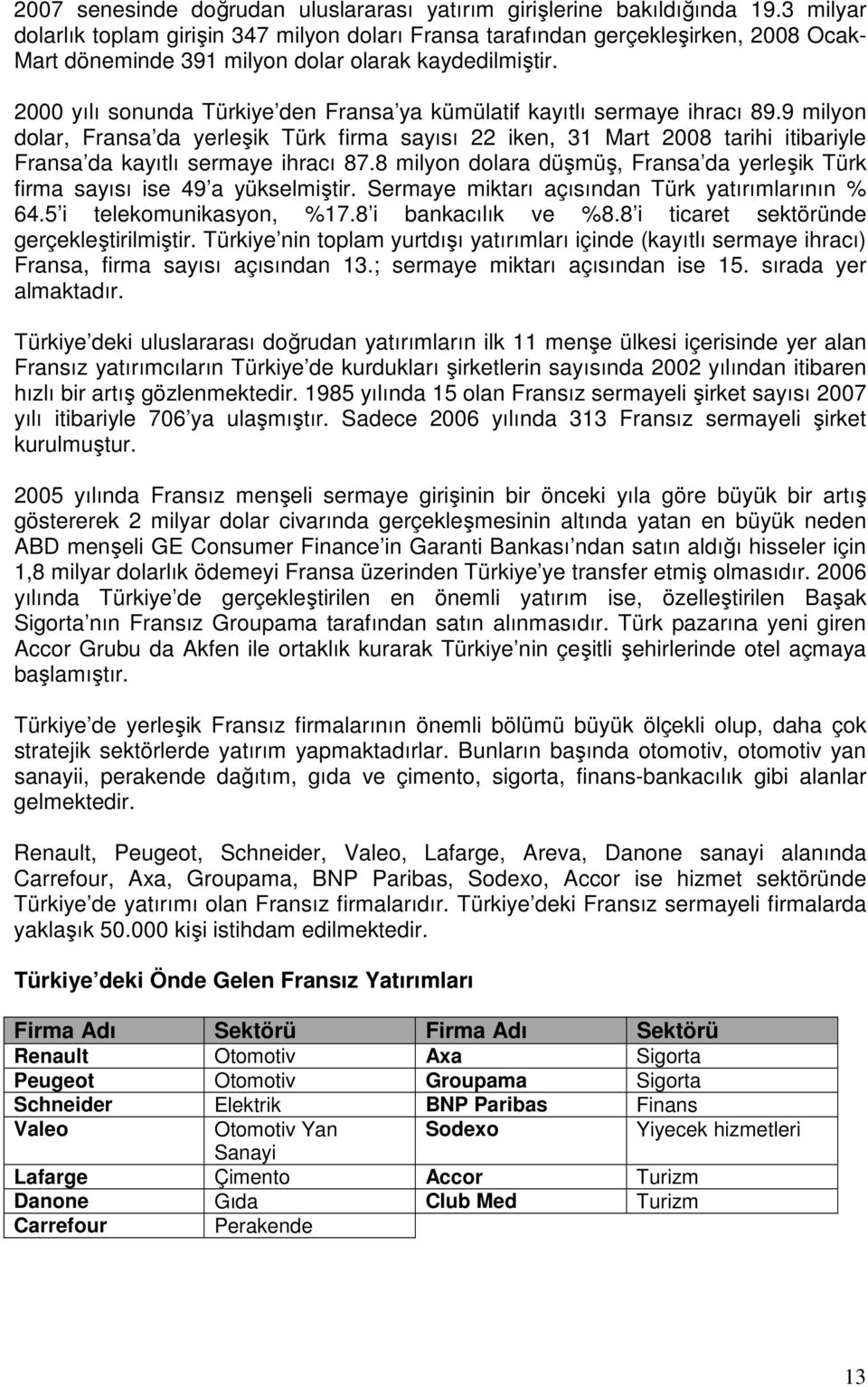 2000 yılı sonunda Türkiye den Fransa ya kümülatif kayıtlı sermaye ihracı 89.